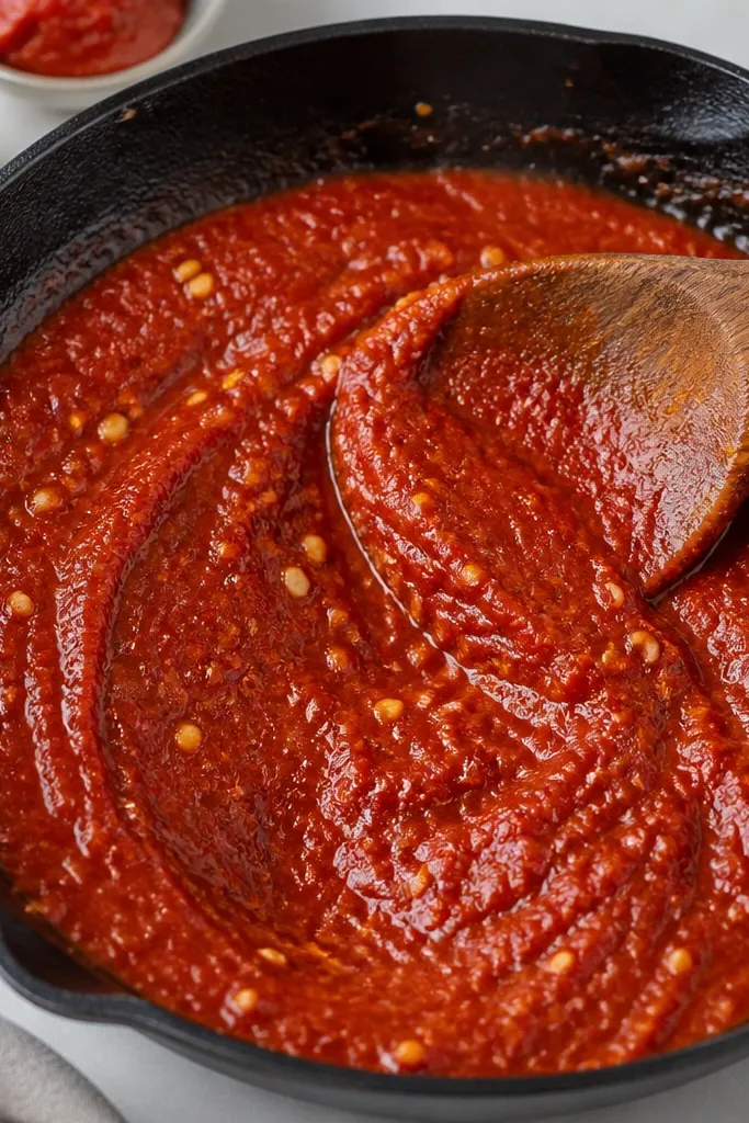 A skillet with a thick tomato paste mixture and visible minced garlic flecks just stirred in. The mixture looks uniform and glossy.