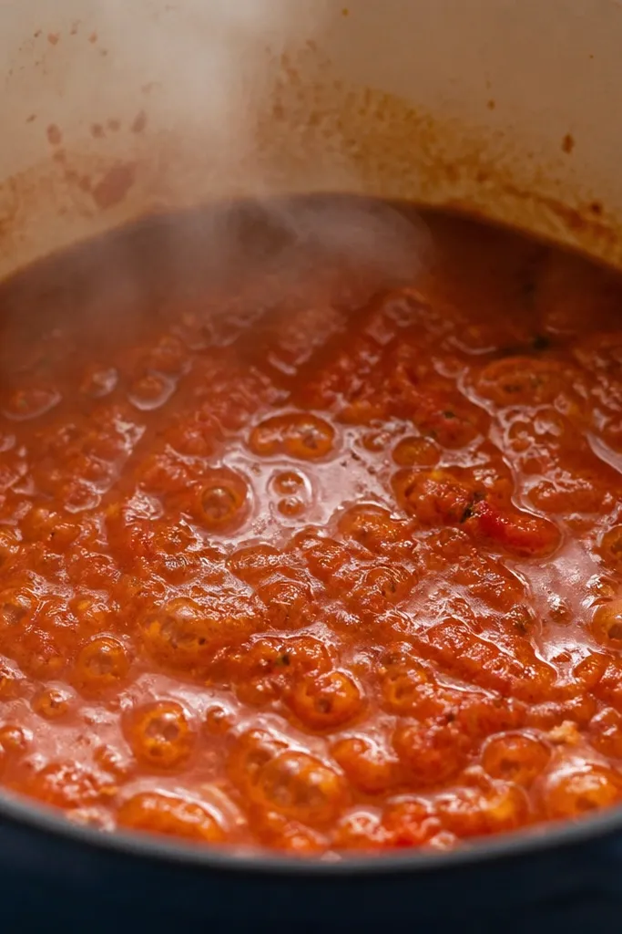 A close shot of the pot after vodka is added, showing bubbling and light steam above the sauce. The liquid looks reduced and thicker than before.