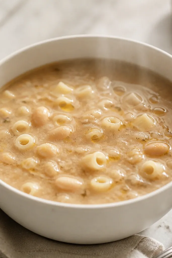 A white bowl filled with thick pale-beige pasta fagioli soup. You can see small mashed bean flecks and a few whole beans, with short ditalini pasta visible near the top. The surface has a slight sheen from olive oil and steam fogging the photo.