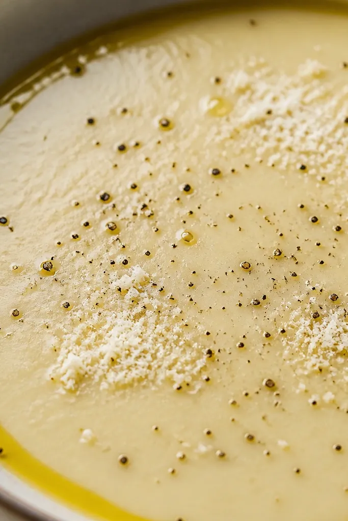 A close-up of the soup surface with a thin glossy ring of olive oil around the edges of the bowl. Finely ground black pepper is scattered in tiny dark dots, and a light dusting of grated Parmesan sits in a few small piles.