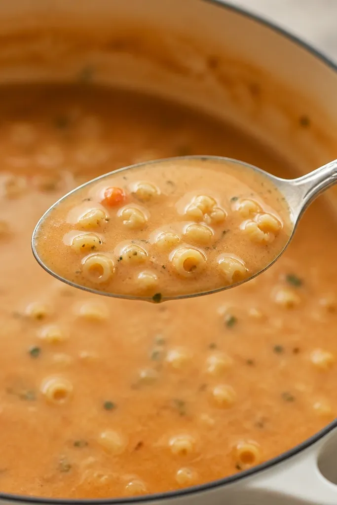 A spoon held above the pot shows soup that is mostly pale beige with a warm orange-brown tint. Tomato paste has darkened the base slightly, and you can see small pasta shapes suspended.
