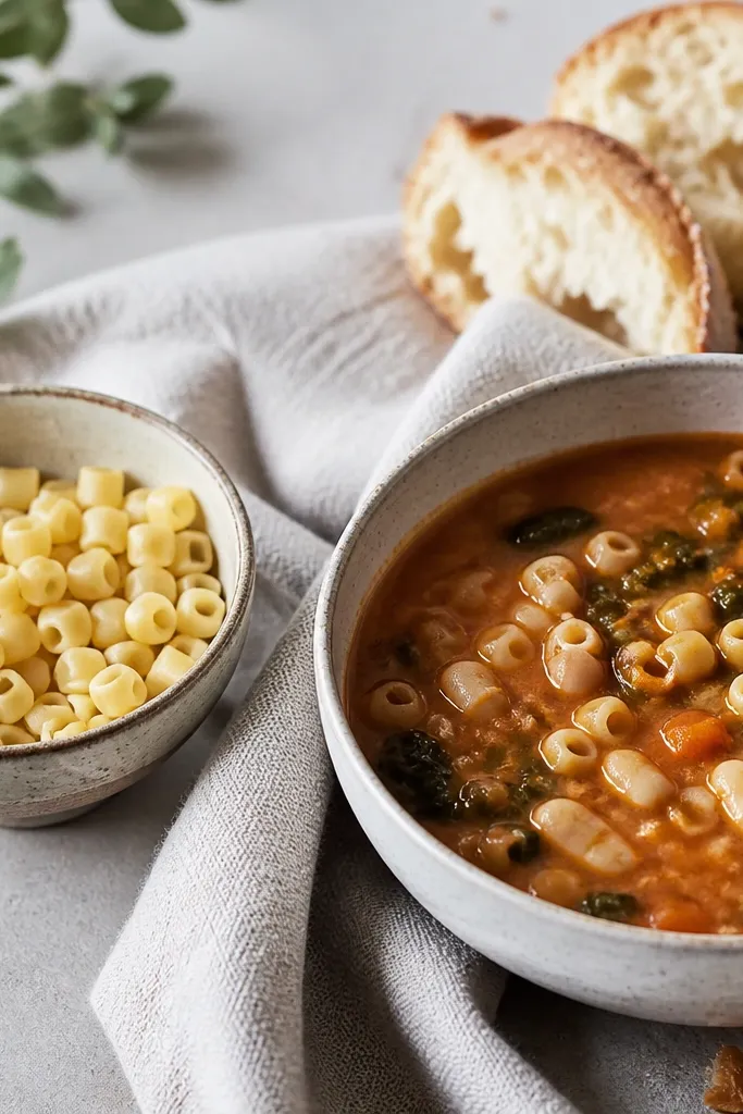 Two bowls on a table: one pot of thick soup, and a small side dish of ditalini. The ditalini looks glossy and light, with individual pieces visible. When scooped into soup, the pasta keeps its shape.