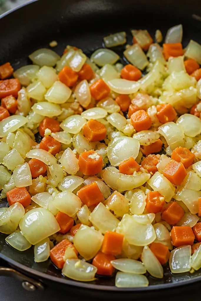 A photo of the sauté pan: onion and carrot pieces glistening in olive oil, with translucent onion edges and tiny garlic bits. The color is golden at the edges, not browned.