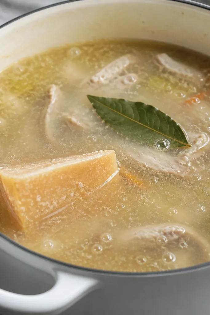 A pot shot where a bay leaf floats near the surface and a chunk of Parmesan rind sits partially submerged. The broth looks cloudy and gently bubbling, not rolling.