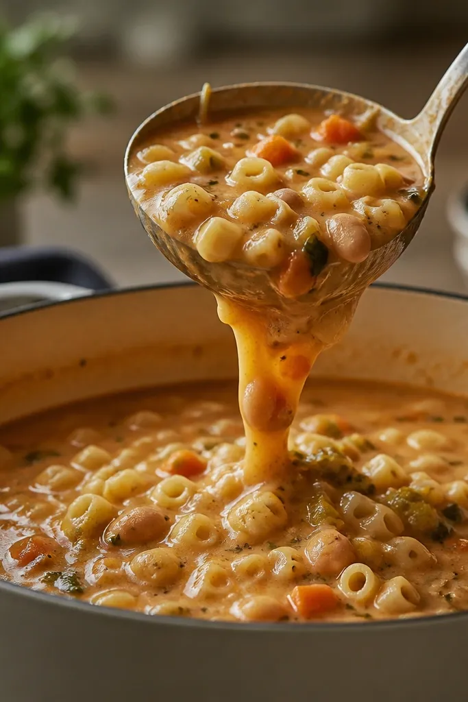 A ladle lifted above the pot shows thick soup flowing slowly. You can see bean chunks and ditalini clinging to the ladle. The stream is slow and heavy, not watery.