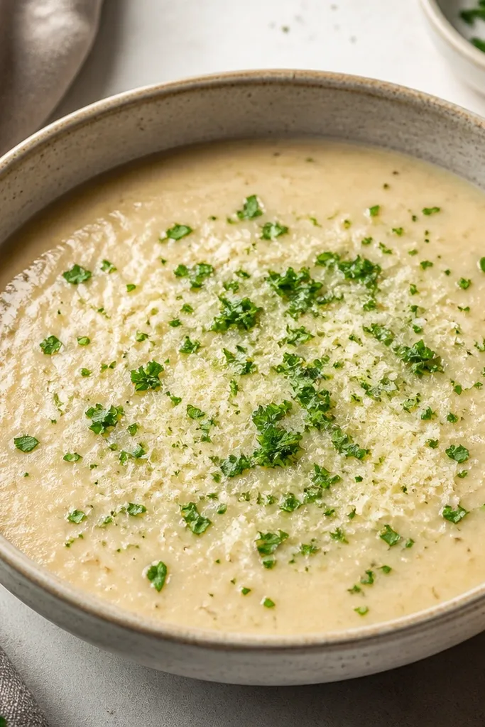 A serving bowl with pale beige soup. Fresh parsley is chopped finely and sprinkled in a bright green scatter across the top, with Parmesan snow melting at the edges.