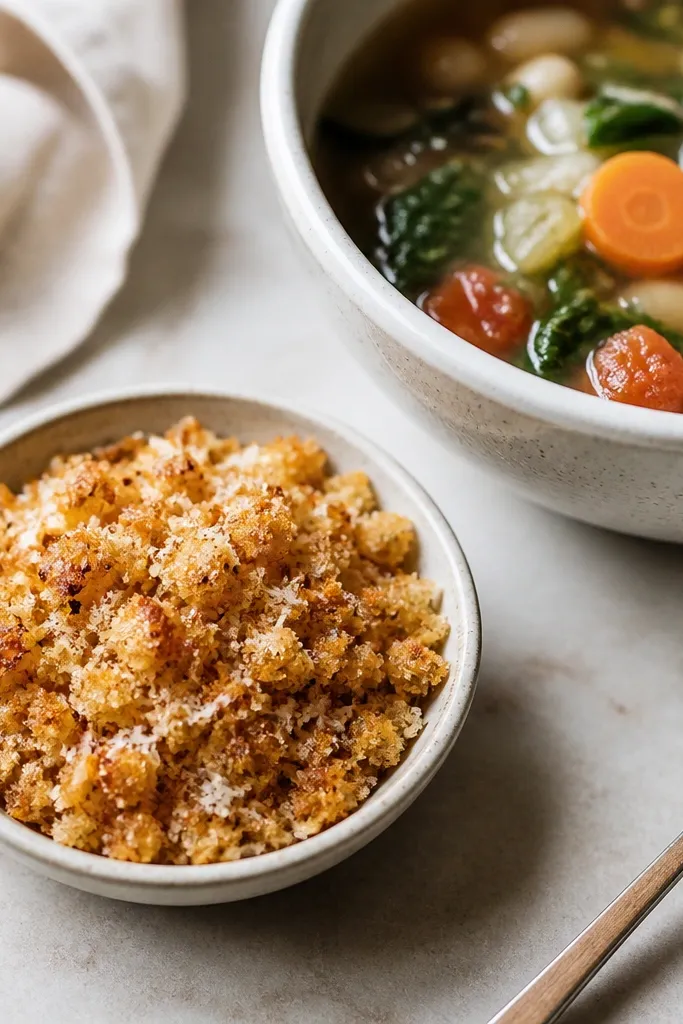 A small bowl of golden toasted breadcrumbs next to a bowl of soup. The breadcrumbs are coarse, not powdery, and look crisp. There's a faint dusting of Parmesan on the breadcrumb bowl.