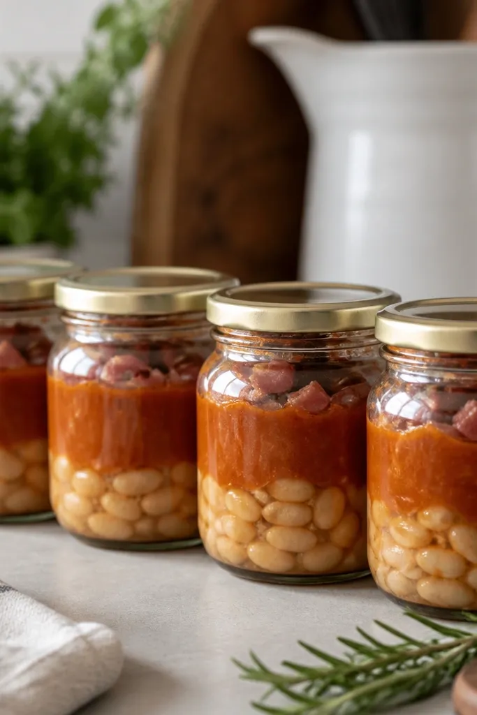 Four small glass jars on a kitchen counter. Each jar shows visible layers: pale creamy beans at the bottom, a thick tomato-broth layer in the middle, and a few browned pancetta bits near the top. The lids are clean and dry with a faint sheen of sauce around the rim.