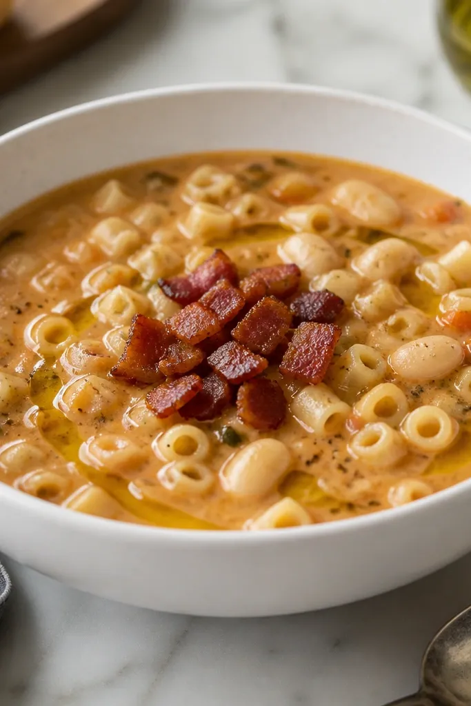A white bowl with pasta fagioli topped with a small handful of glossy, browned pancetta bits. The soup base is creamy and light reddish-brown, and there's a faint swirl of olive oil on the surface.