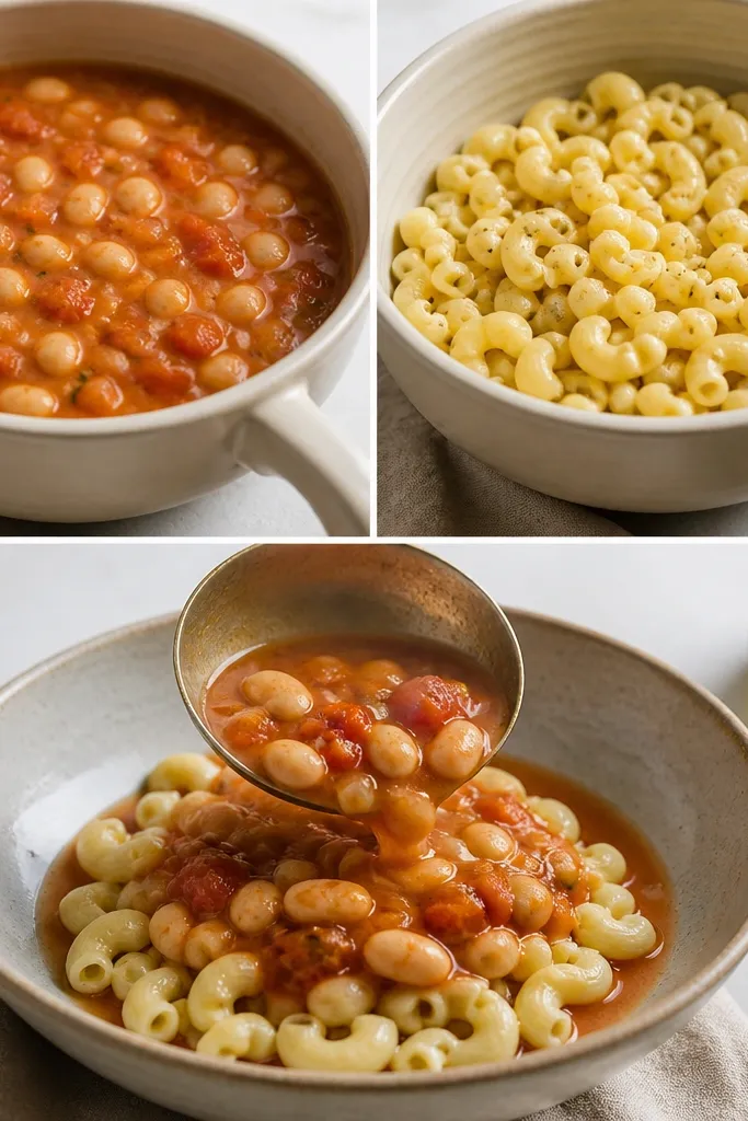 Two containers side by side: one holds creamy bean and tomato broth, the other holds small elbow pasta coated in a light sheen of olive oil. In the bowl, pasta is spooned in first, then the hot broth is ladled around it.
