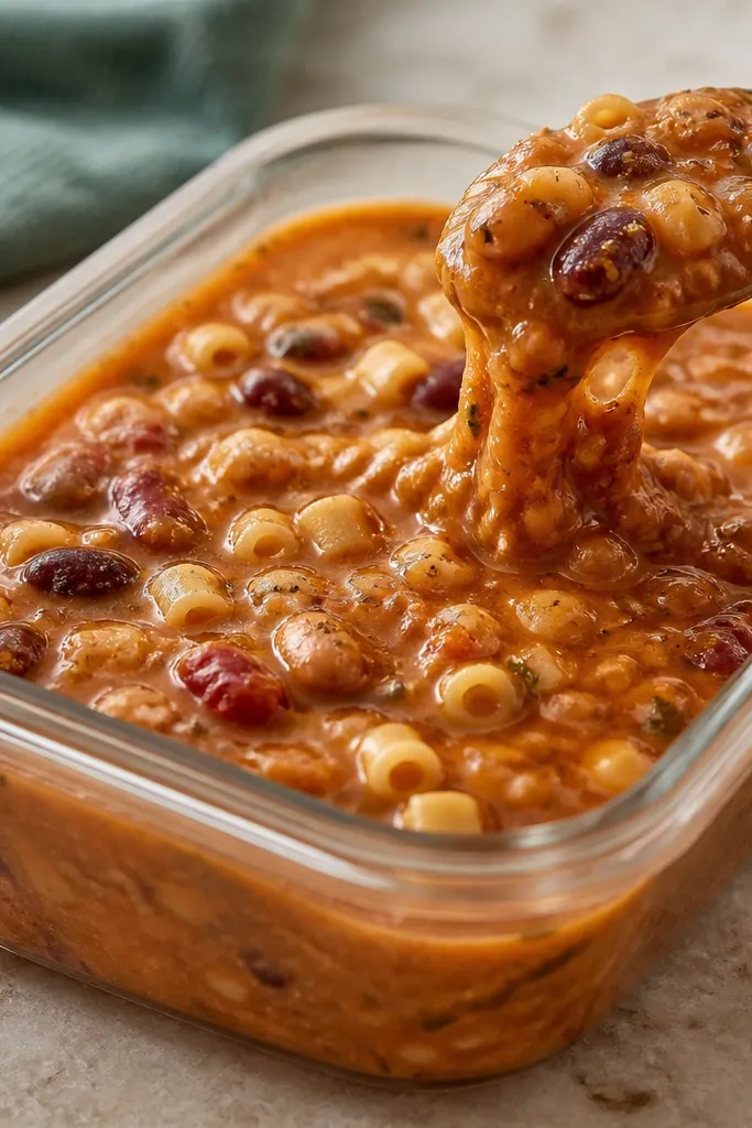 A single meal-prep container filled with thick pasta fagioli. The surface looks glossy and slightly domed, with visible bean skins and pancetta flecks. When the spoon lifts, it leaves a slow trail that holds shape.