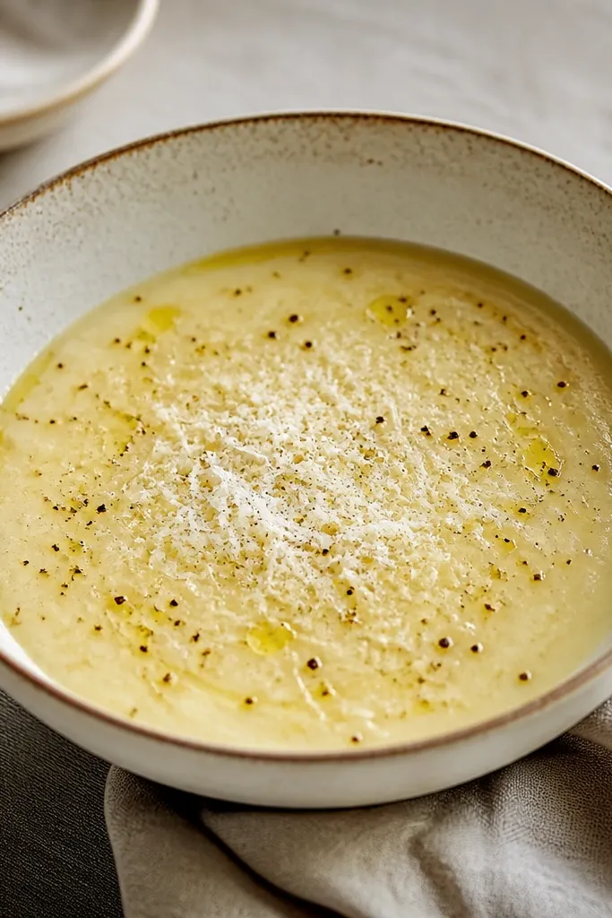 A bowl with a faint amber olive oil shine across the surface. A dusting of finely grated Parmesan sits mainly in the center, with a few pepper specks scattered around.