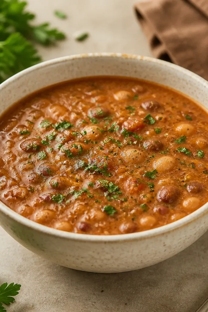 The soup surface shows visible bean skins and a few chopped parsley leaves. The bowl looks creamy but textured, with small pale bean dots across the red-brown broth.