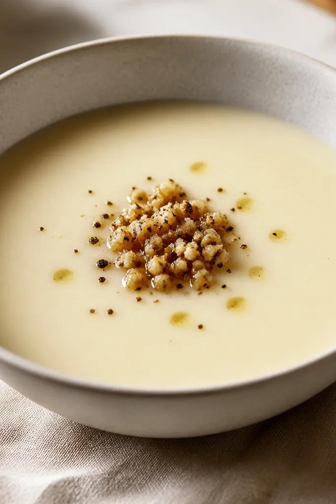 A bowl where a small mound of browned garlic and cracked pepper sits near the center, with a few drops of oil around it. The soup base is smooth and creamy, and the topping looks slightly chunky.