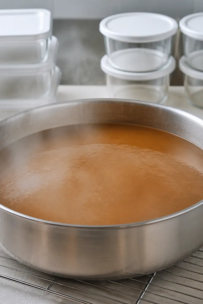 A wide stainless-steel pot cooling on a rack. The surface is matte and evenly cooled with no thick skin, and you can see steam dissipating around the edges. Nearby are labeled containers ready to portion.