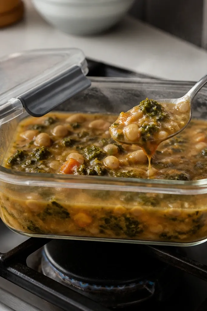 A glass meal-prep container reheating on a stovetop set to low heat, lid slightly ajar. The soup is bubbling gently, not boiling hard. A spoon shows the soup thickness as it moves.
