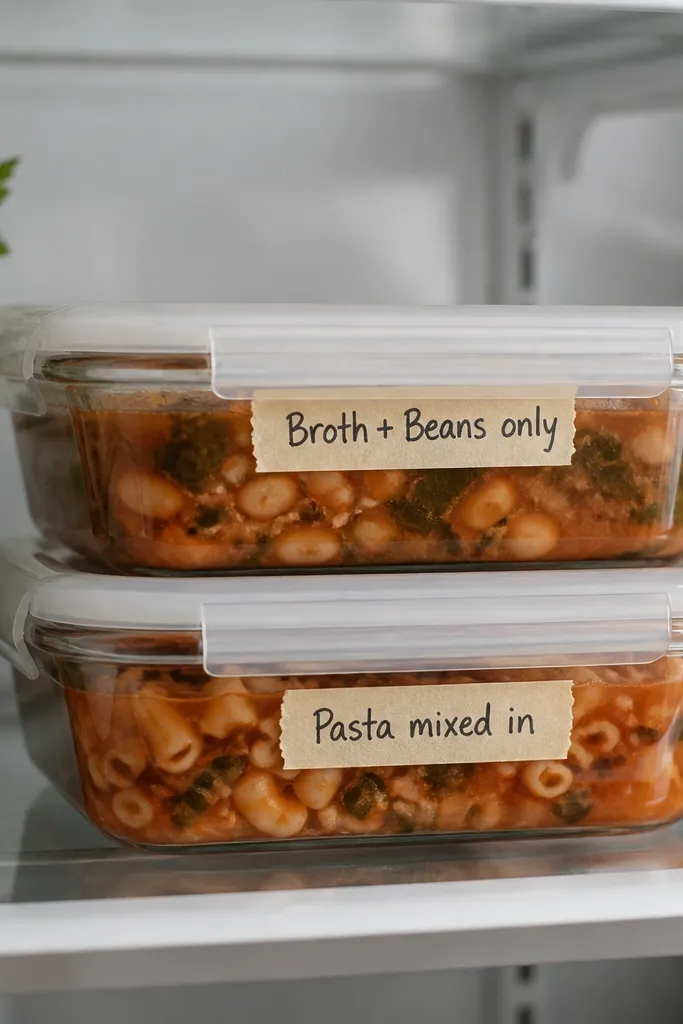 Masking tape labels on two containers: one reads 'Broth + Beans only' and the other reads 'Pasta mixed in'. The ink is dark and the labels sit on the side, not on the lid. The containers are stacked neatly in the fridge.