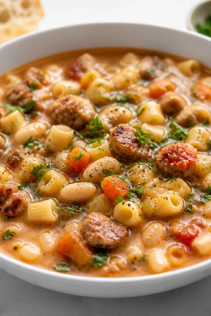 A wide white bowl filled with thick pasta fagioli with sausage. The broth looks glossy and lightly creamy, beans are visible, and the sausage pieces look browned at the edges. A sprinkle of chopped parsley sits on top.