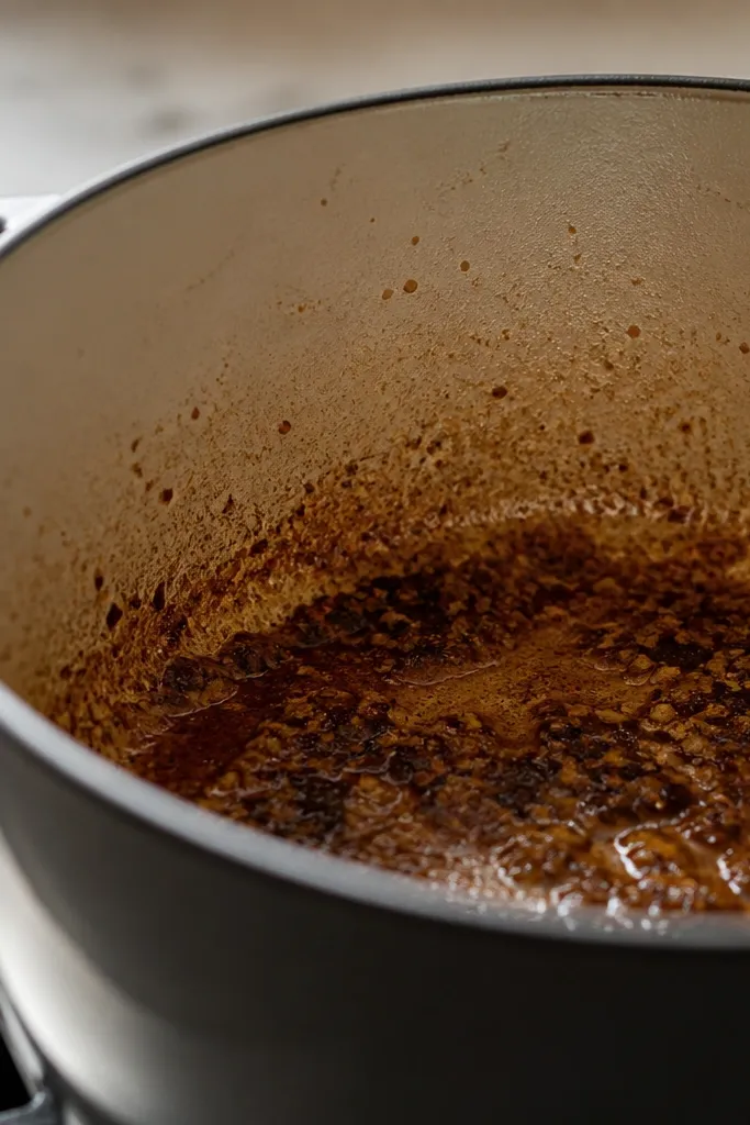 A dark, seasoned pot interior with browned bits stuck to the bottom after cooking sausage. The camera shows a side angle where you can see caramelized fond before liquid is added.