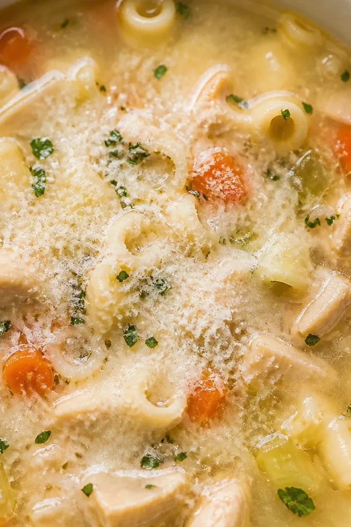 A close-up of the bowl top with a light dusting of grated Parmesan. Some cheese looks slightly melted and streaked, creating a soft cloudy swirl over the broth.