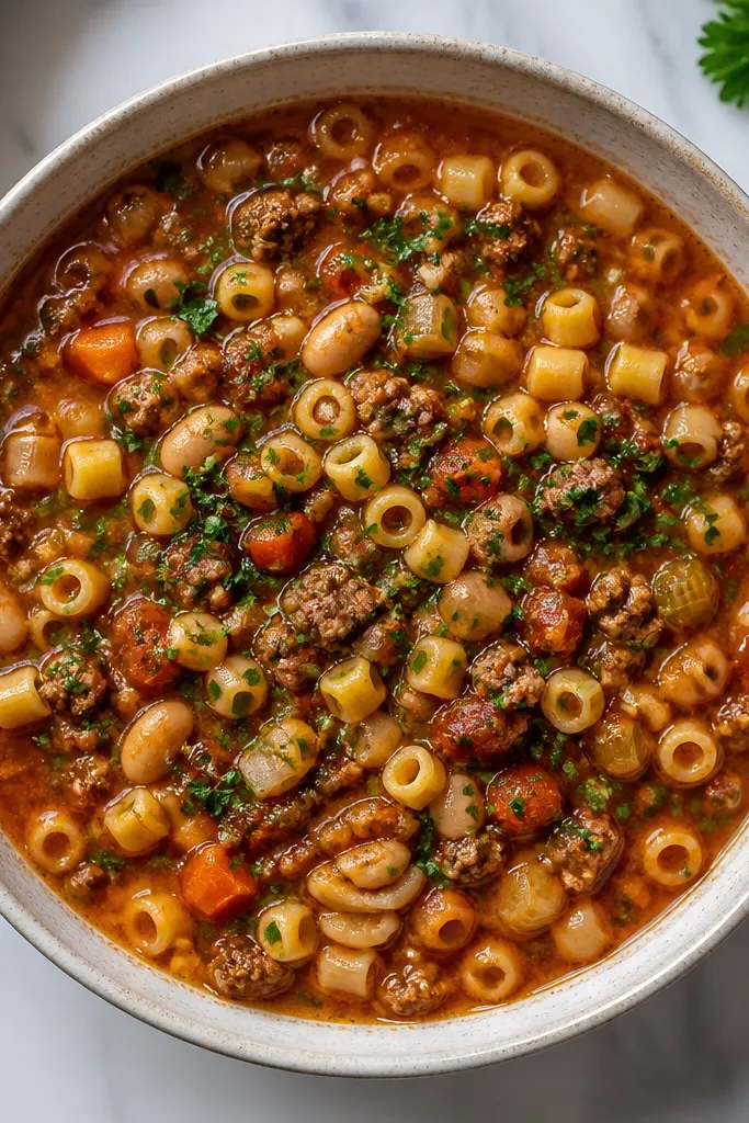 A top-down photo of the pasta fagioli with sausage. Fresh parsley is chopped fine and sprinkled evenly, with a few pieces clinging to the glossy surface.