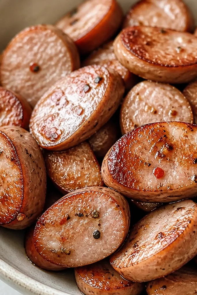 A close-up of sausage pieces in the bowl. The sausage looks like small coins or half-moons with browned edges and visible specks of seasoning.