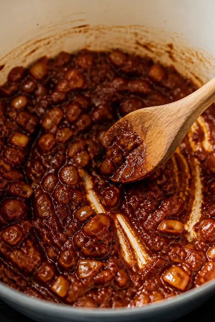 A photo of tomato paste being stirred into onion and garlic in the pot, showing a deep red-brown color. The paste looks glossy and darkened from cooking.