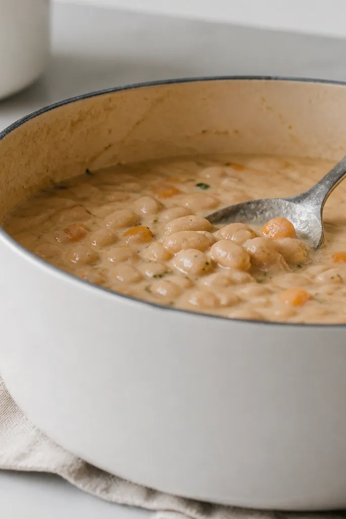 A side photo of the pot with a visible spoon showing thickened broth. A portion of beans looks broken down, and the liquid has a creamy sheen.