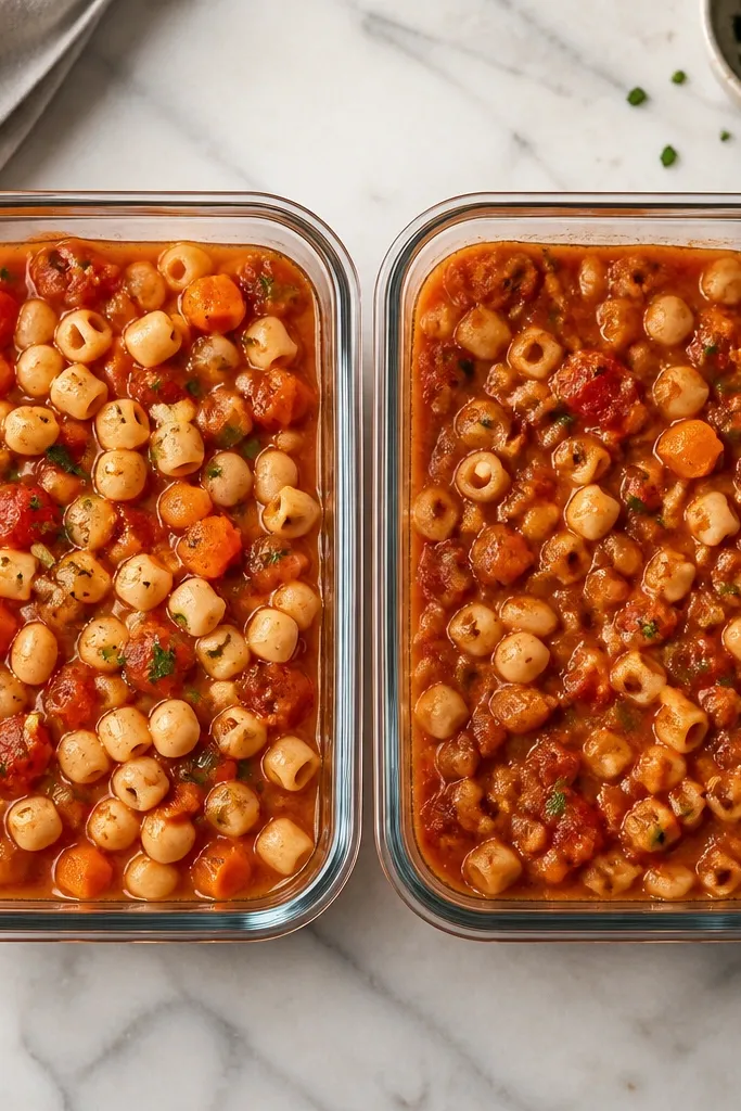 Two containers side by side: one freshly cooked pasta fagioli with glossy sauce and intact pasta, the other reheated. Both show similar sauciness with beans visible.