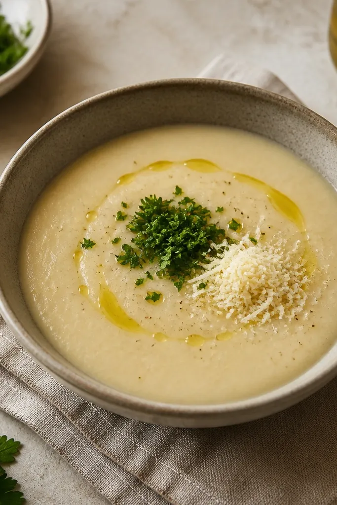 A styled bowl with three garnishes: parsley on top, a small mound of Parmesan on one side, and a drizzle of olive oil that catches light.