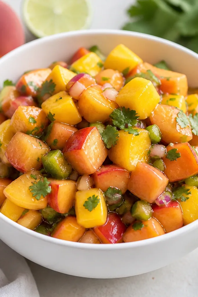 A white bowl filled with chunky salsa. Peach pieces look soft orange-pink, mango cubes are bright golden yellow, and the mixture has a glossy shine from lime.