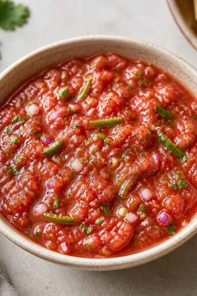In the salsa, thin green jalapeño strips are visible like short ribbons, with no big white ribs and no seed clumps.