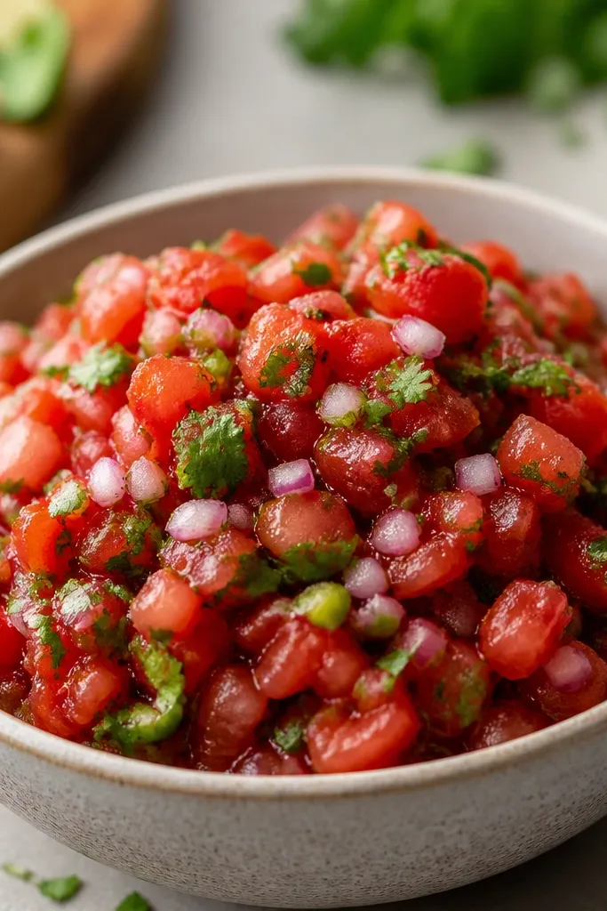 Tiny purple and pink onion bits scattered through the salsa like confetti, with visible texture and no soggy strands.