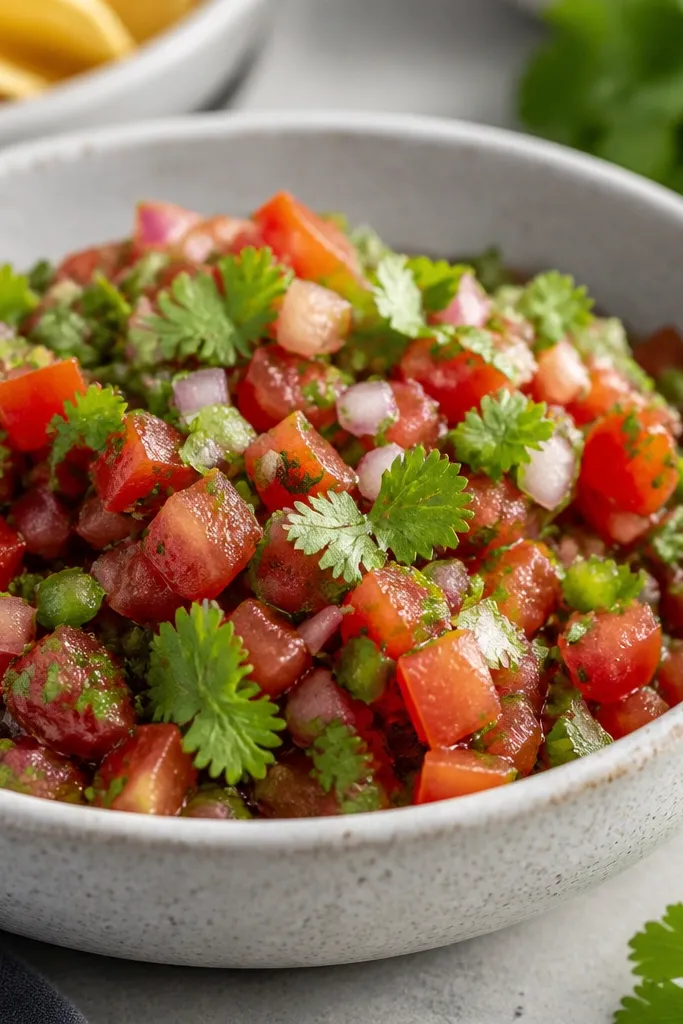 Bright green cilantro leaves folded through the salsa, with individual leaf shapes still visible and not wilted.
