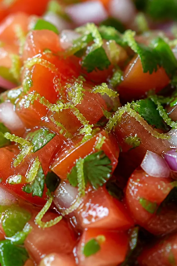 A close-up shows tiny pale green flecks of lime zest on top of the salsa, with a glossy lime sheen underneath.