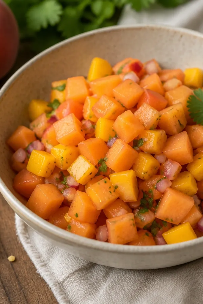The salsa has a slightly higher peach-to-mango ratio, with peach pieces looking more prominent and soft orange in color.
