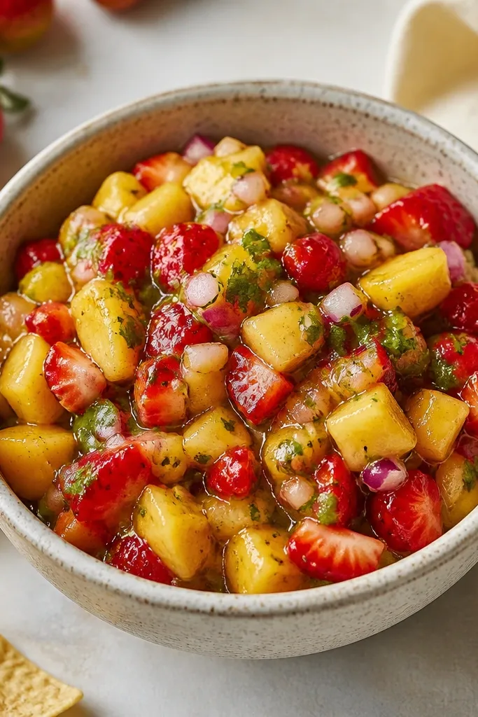 The salsa looks shiny but thick, with fruit pieces suspended together. No liquid pool forms around the edges.