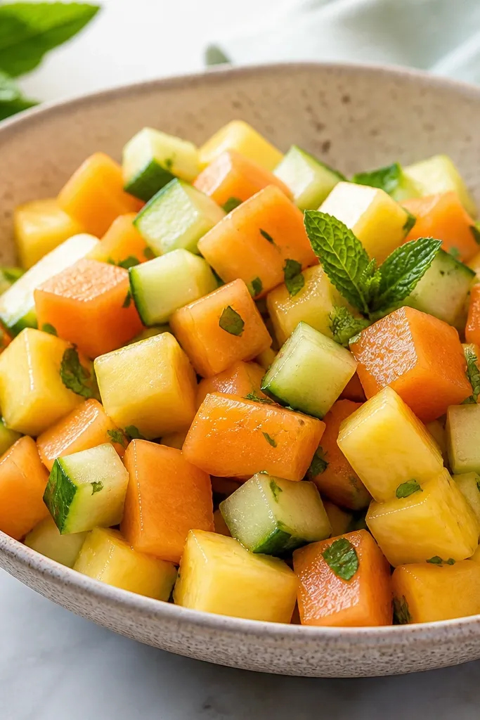 Small pale green cucumber cubes mix in, adding a lighter color and visible crisp texture among the orange and yellow fruit.