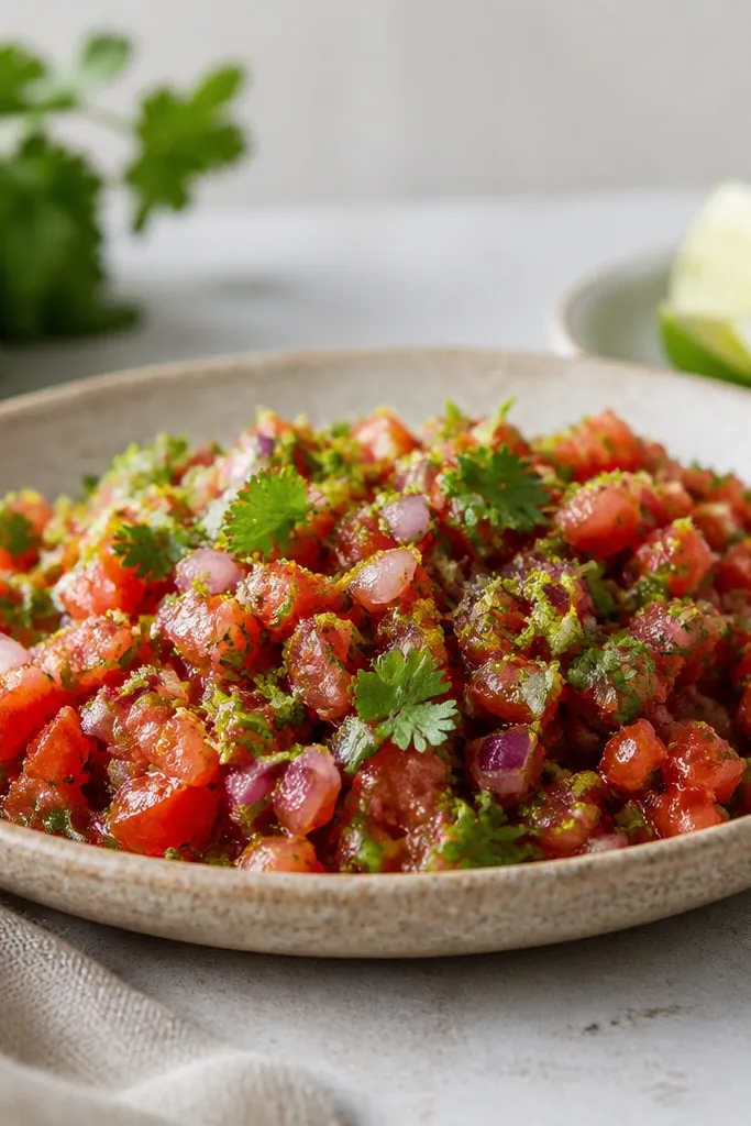 A shallow ceramic platter holds salsa in a low mound, with a few extra cilantro leaves and lime zest sprinkled on top.