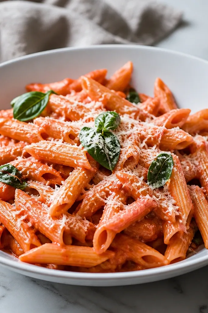 A shallow white bowl filled with penne alla vodka. The sauce is a pinkish-red with a glossy sheen, lightly coating each tube. A dusting of finely grated parmesan sits on top, and a few basil leaves look dark green and slightly glossy.