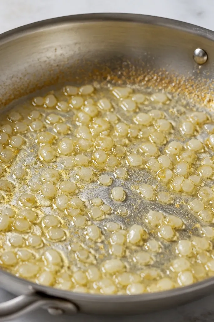 A stainless skillet showing a thin layer of melted butter and oil. Small onion bits look translucent and glossy. The edges of the pan show a faint golden film where the sauce base has started to cook.