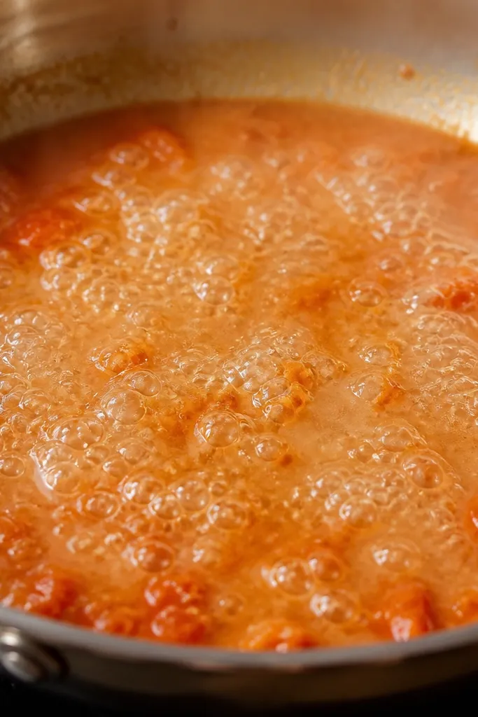 Close-up of a bubbling pan where vodka has been added. The bubbles are small and active, and the liquid looks slightly cloudy before it rapidly reduces. The sauce base underneath looks red-orange.
