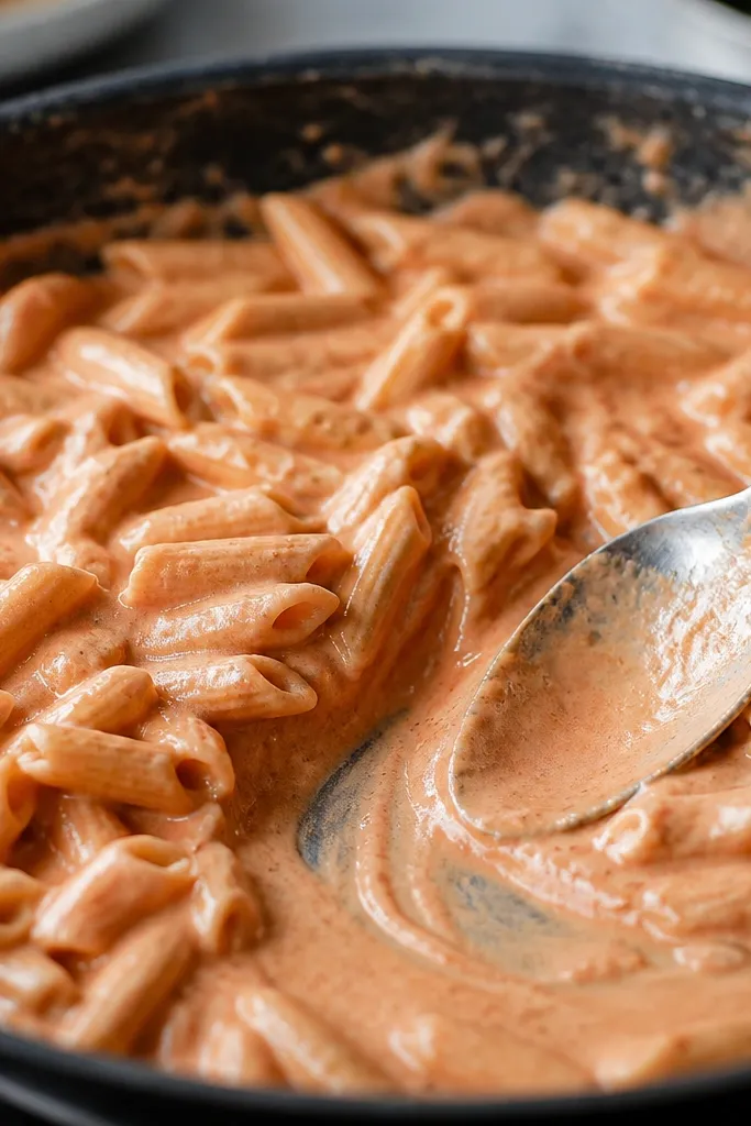 A skillet with penne coated in sauce. The penne tubes are partially visible, each one has a light coat of pinkish sauce. A metal spoon drags through the sauce and leaves a glossy trail.