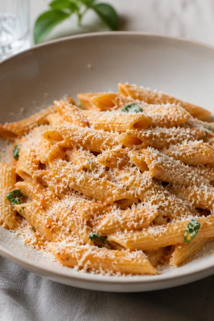A plated serving of penne with fine parmesan dusted like snow. The cheese is evenly distributed, not clumped. Light catches the sauce sheen beneath the cheese.