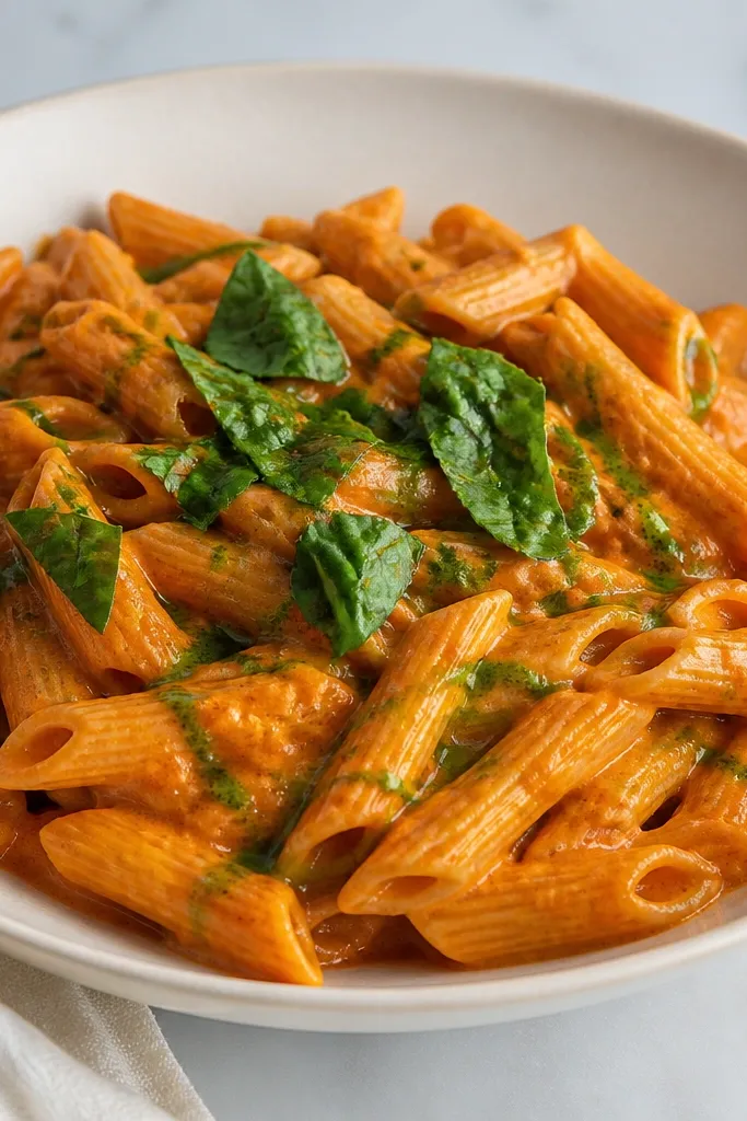 A small drizzle of bright green basil oil over penne alla vodka. The oil streaks look glossy and thin. Basil leaves are torn, not chopped, and sit near the center.
