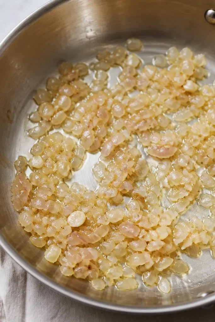 A skillet showing softened shallots and a few garlic bits. The garlic looks pale, not browned. The mixture is glossy and light gold, with no dark edges.