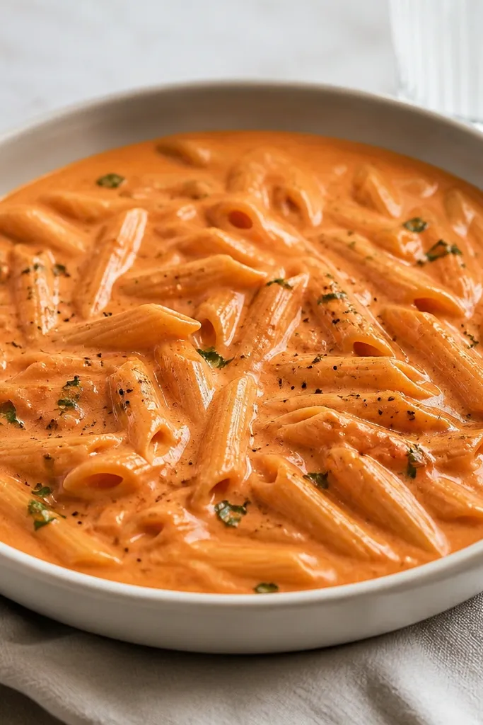 A shallow ceramic bowl on a table setting. The penne fills the bowl so the sauce spreads across the surface. The rim is clean and the sauce sheen is visible around the penne edges.