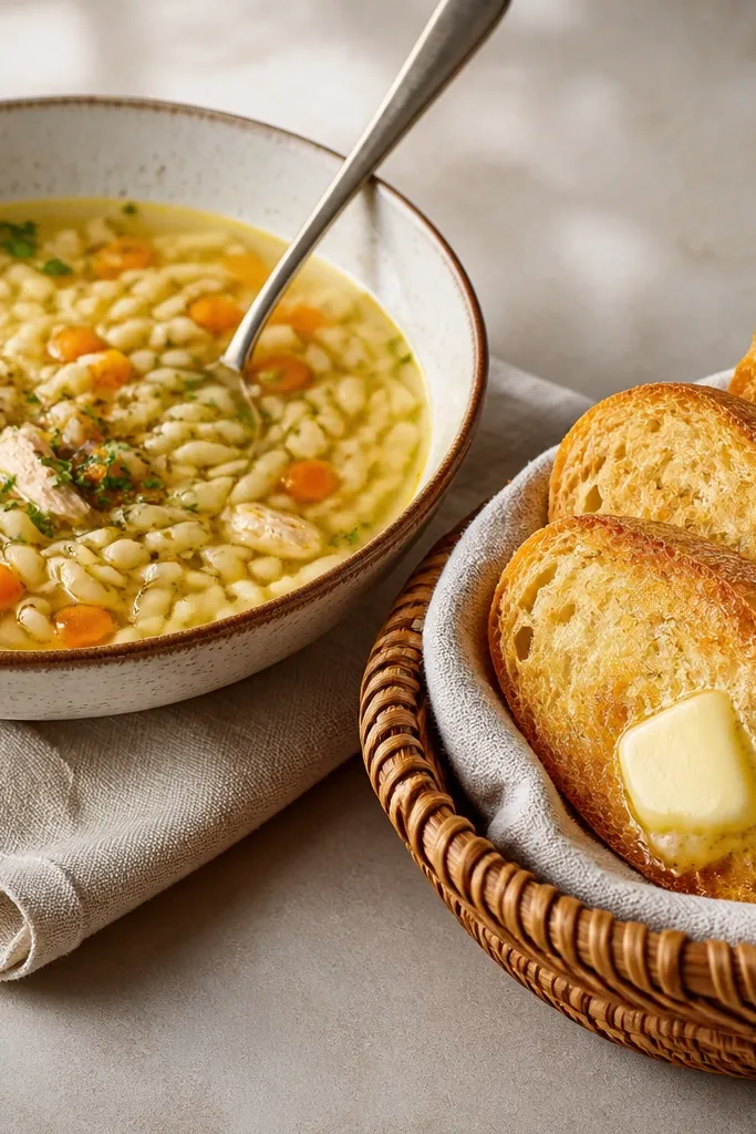 A small basket of crusty bread or toasted baguette slices next to the bowl. The bread is golden with crisp edges. A pat of butter is melted slightly on one slice, catching the light.