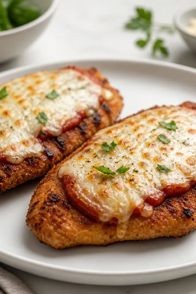 Golden-brown chicken cutlets with visible grill-pan char lines, topped with a thin red marinara layer and a snowy cap of mozzarella and Parmesan that just started to brown at the edges.