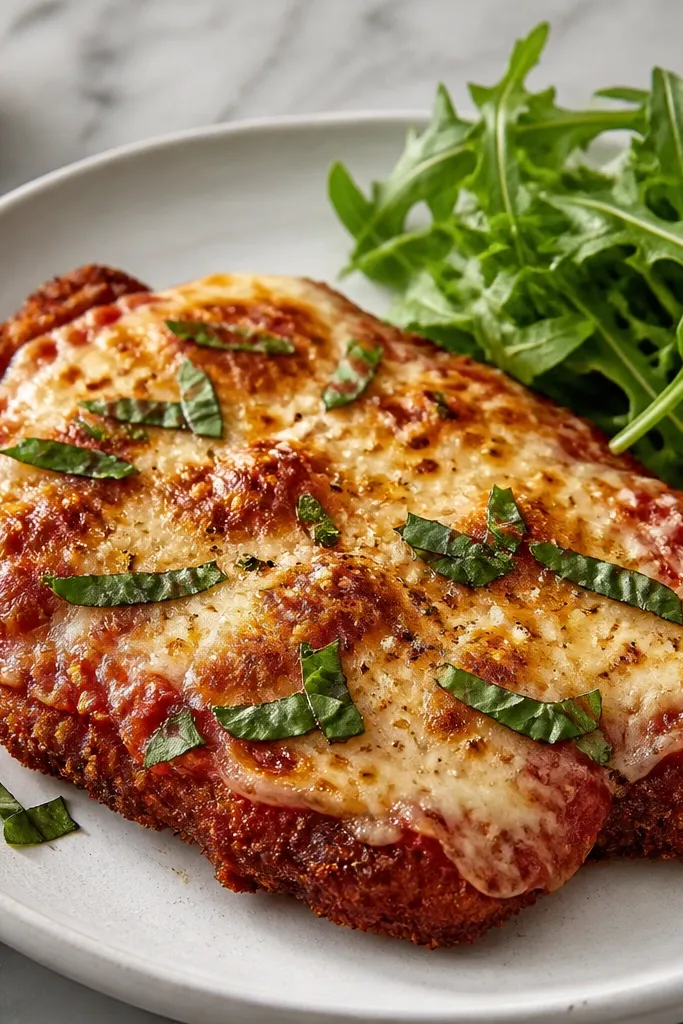 Chicken Parmesan with a thinner cheese layer than usual, showing red sauce peeking through, plus caramelized brown freckles on the mozzarella and Parmesan top.